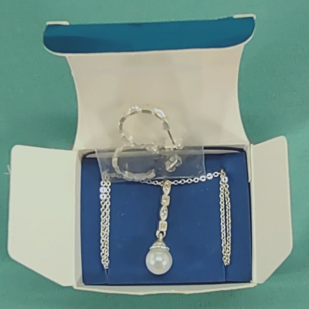 Pearl Drop Silvertone Necklace and Earrings from Avon NOS in Box